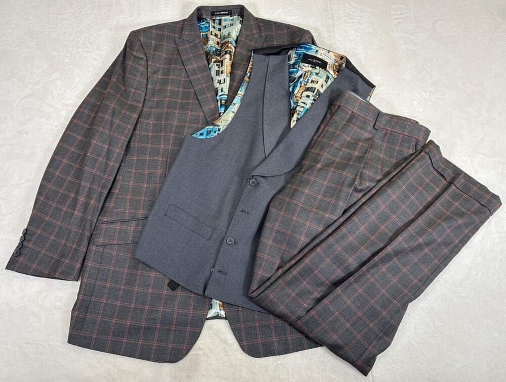 Statement Italy Super 150's Men's 3 PC Striped Pattern Gray Suit Size 42L x 36L
